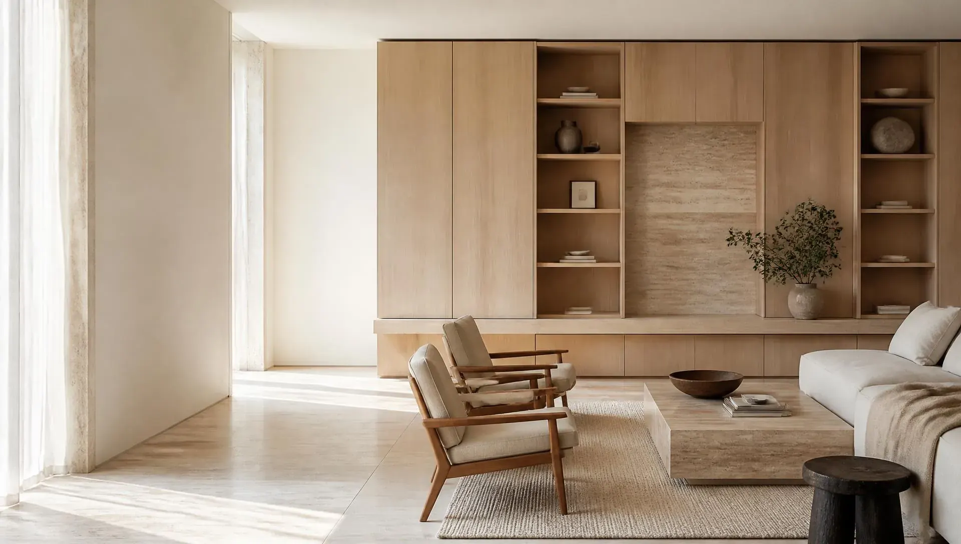 Bright minimal living space with custom pale oak floor-to-ceiling built-in cabinetry