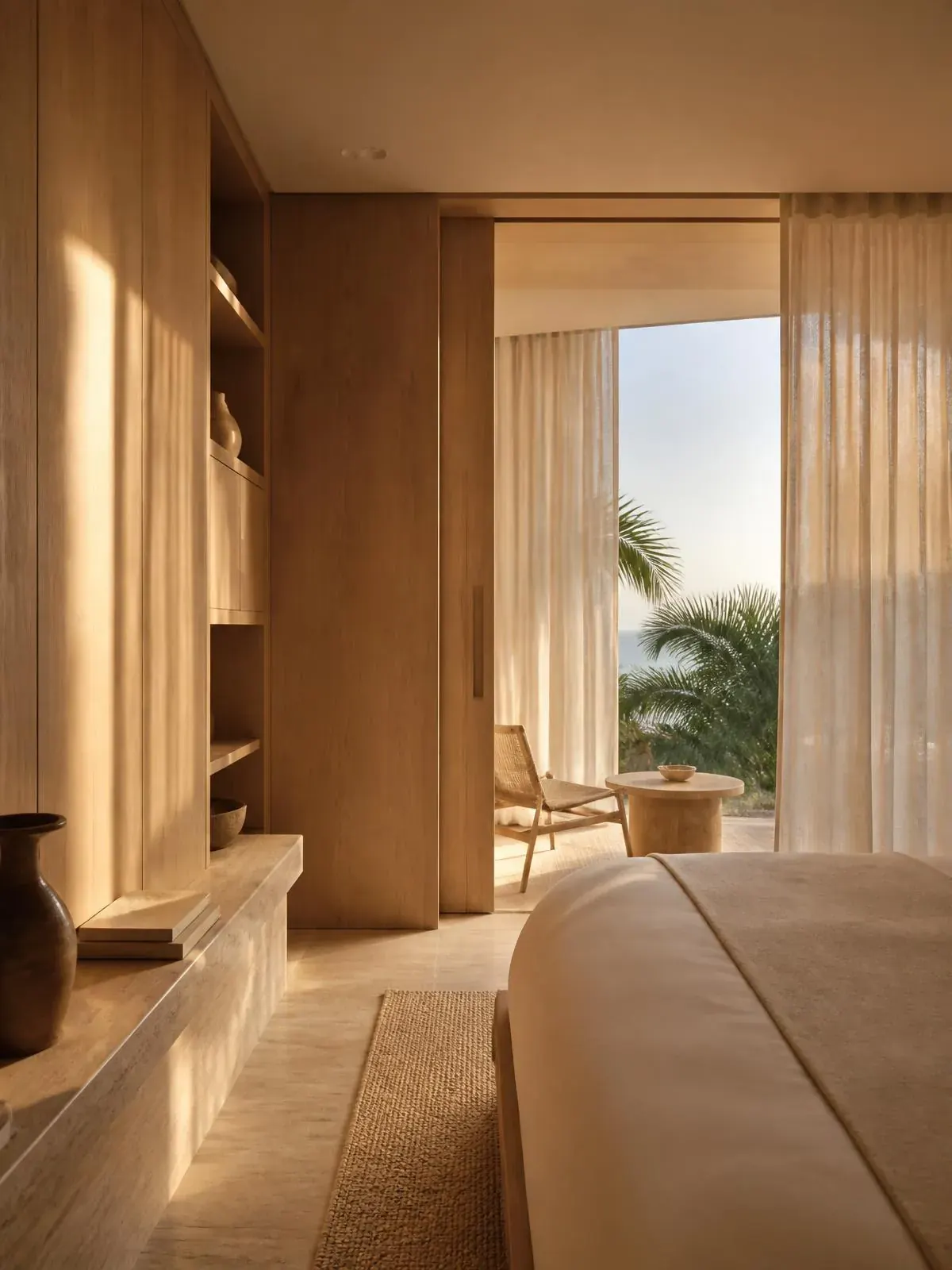 Boutique hotel suite with custom pale oak millwork and linen textures at golden hour