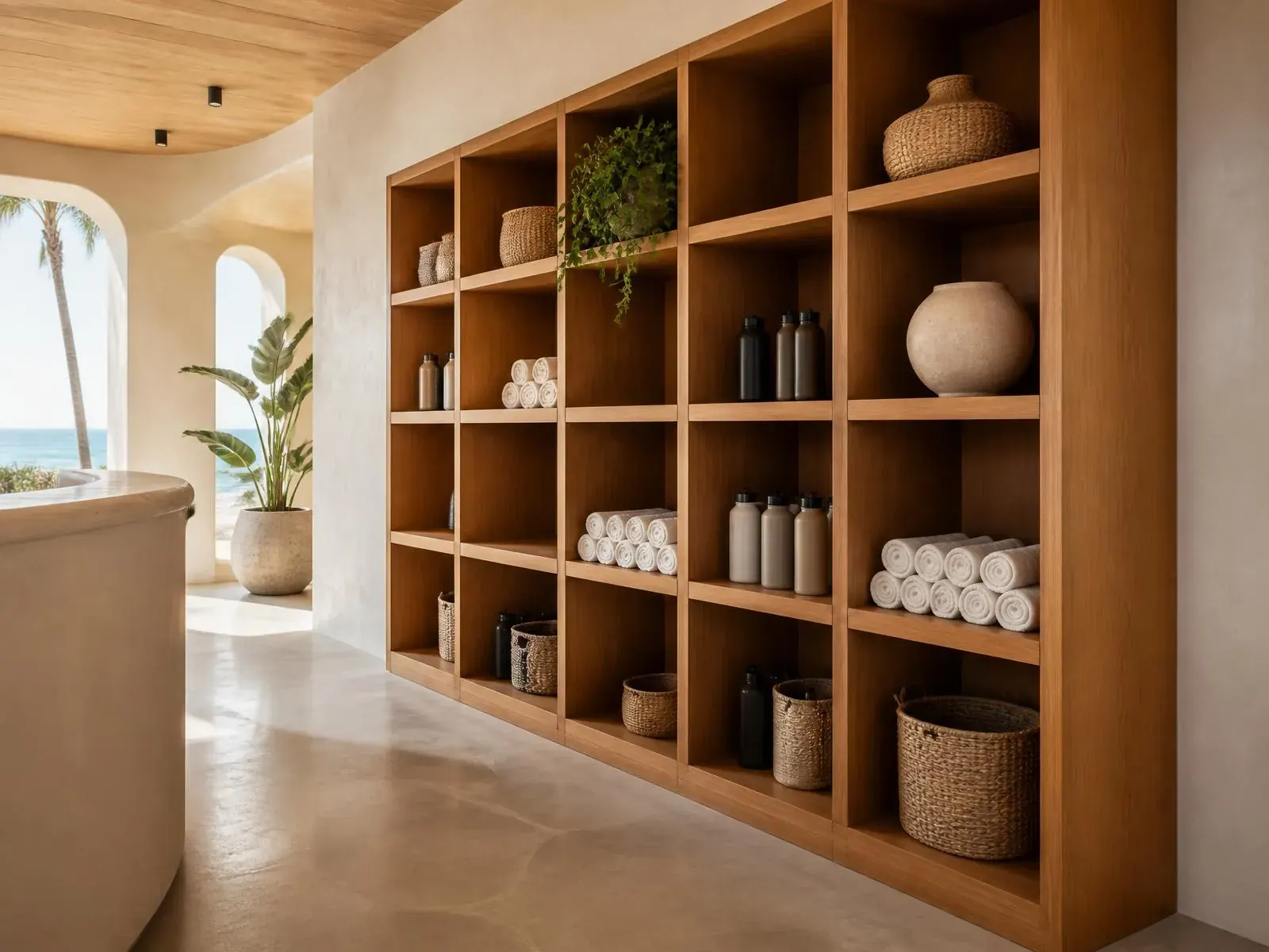 Garapa hardwood open-grid cubby storage system in a boutique fitness club on Clearwater Beach