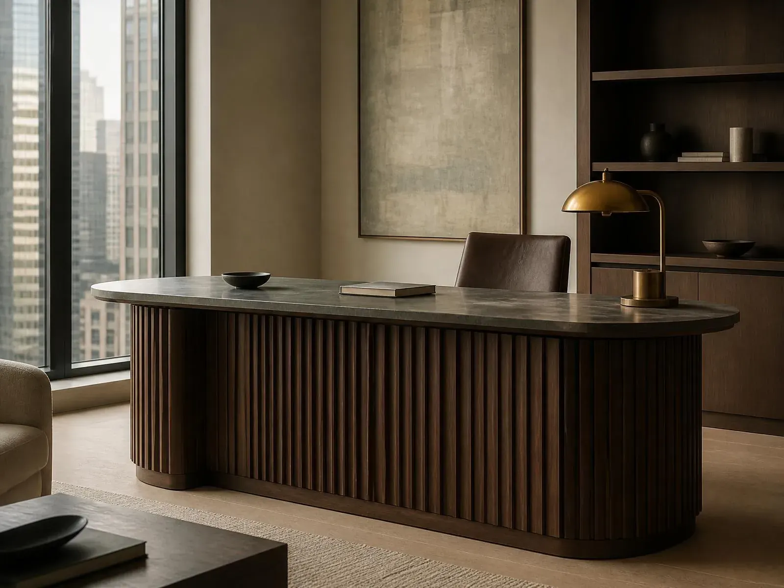 Custom fluted white executive desk with a stone top in an attorney's office in downtown Tampa