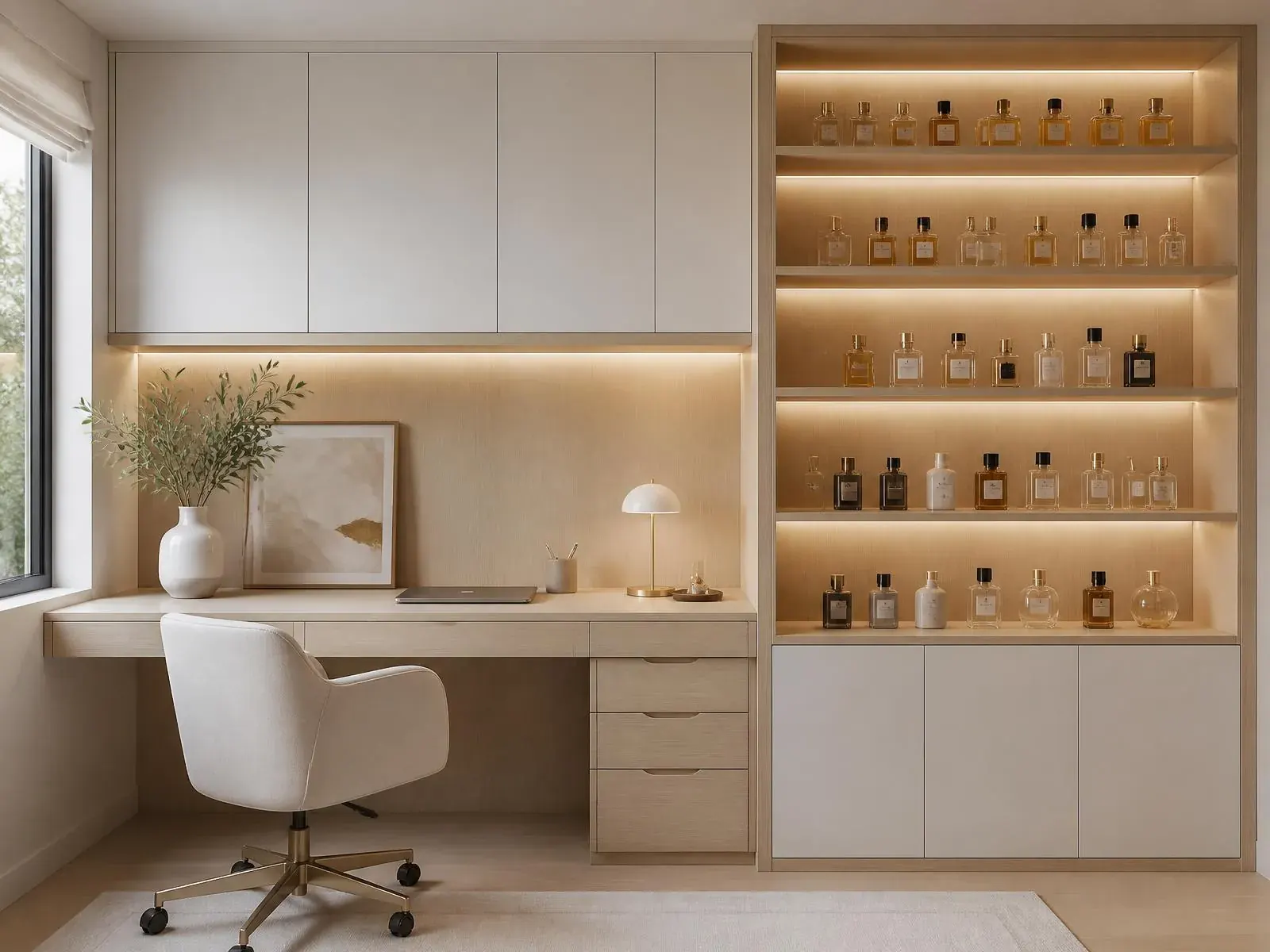 Custom home office with integrated lighting, a built-in desk, and lit display shelving for a fragrance collection