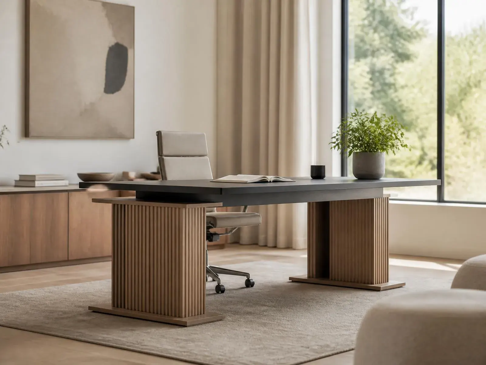 Custom executive sit-stand desk with a fluted wood base in a bright minimal home office